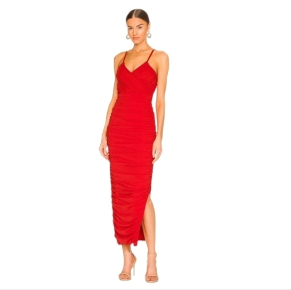 Revolve Elliatt Red Pippa Rushed Mesh Evening Midi Dress Gown Cocktail Party Wed - Picture 1 of 16